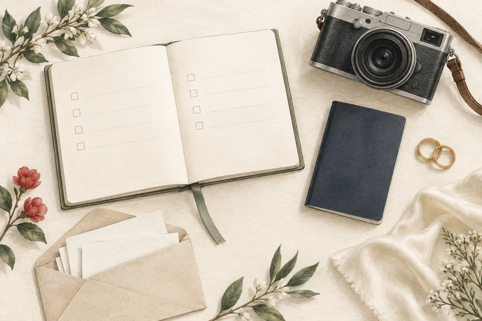 Illustrated planner, camera, travel booklet, wedding rings and fabric swatch.