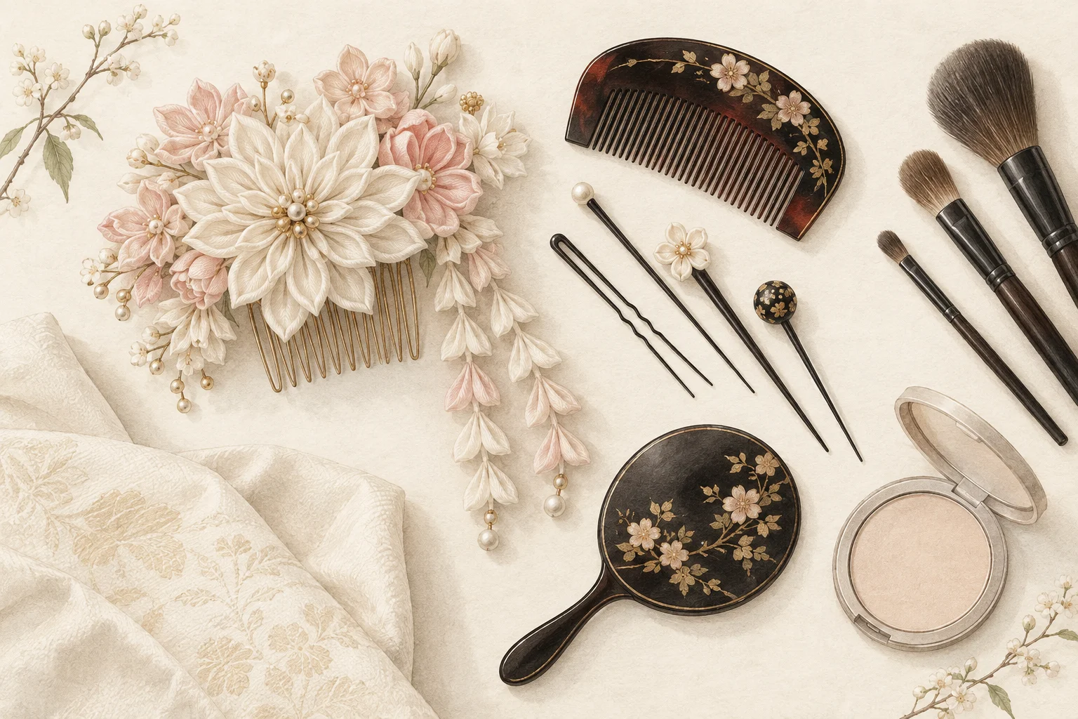 Illustration of a folded-silk floral kanzashi, comb, hairpins, mirror and makeup tools.