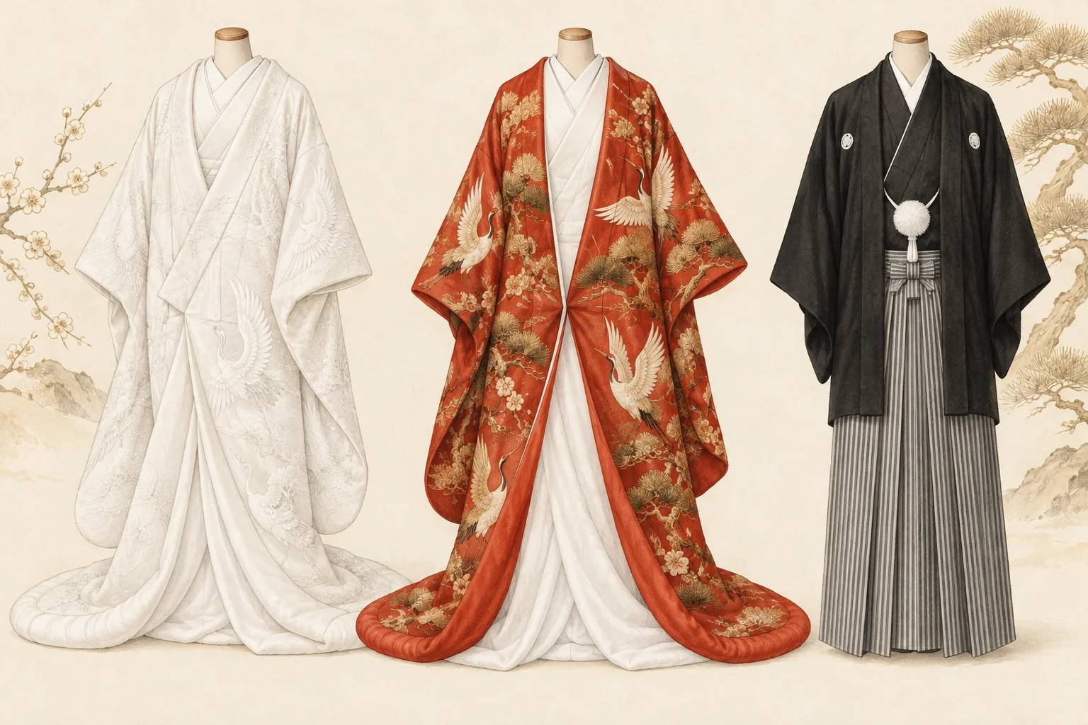 Illustrations of white shiromuku, red iro-uchikake and black montsuki with striped hakama.