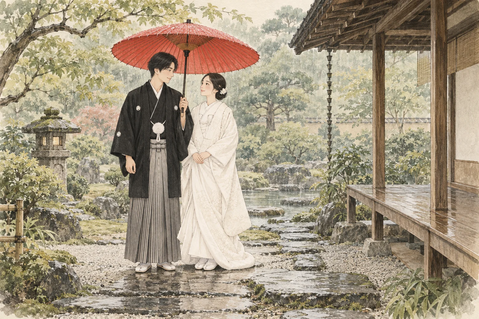 Illustrated couple in shiromuku and montsuki sharing a red umbrella beside a garden veranda.