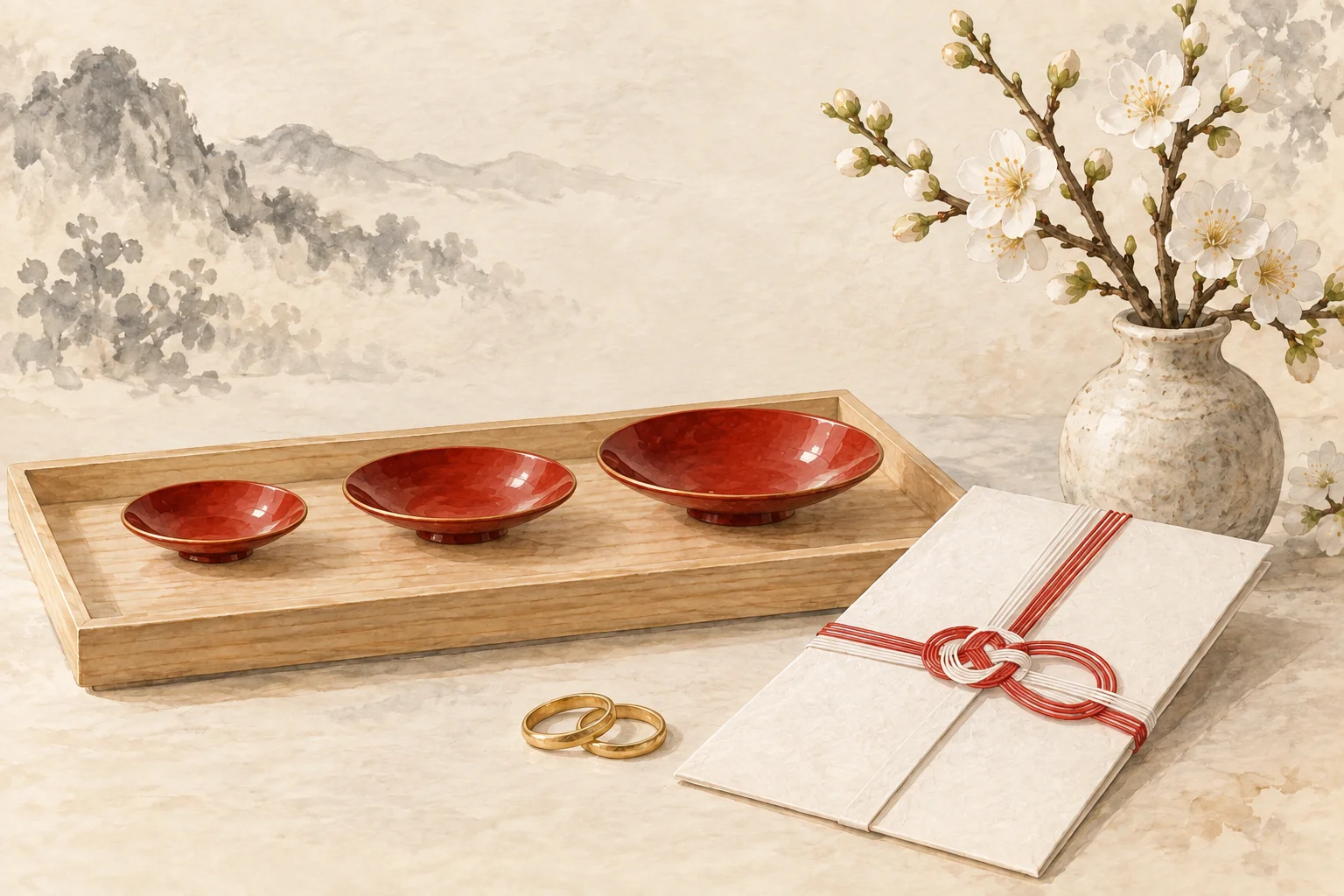 붉은 사카즈키 잔, 축의금 봉투, 결혼반지와 흰 꽃을 그린 일러스트.